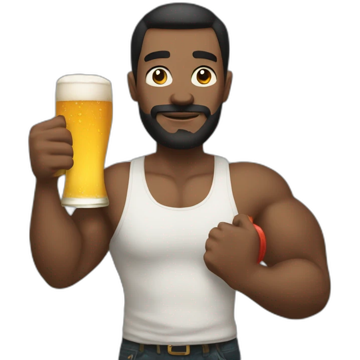 man holding a dumbbell and a bottle of beer emoji
