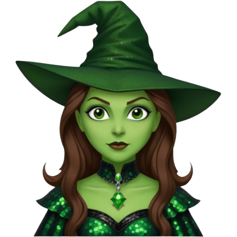 The Wicked Witch from Oz with long brown hair, green skin, black sequin outfit emoji