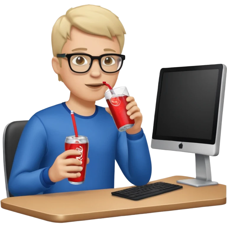 Hombre blanco con gafas tomando un refresco frente a un ordenador con ropa de deorte emoji