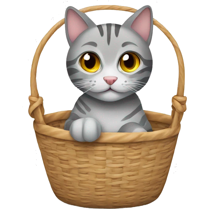 Gray tabby cat sitting in a basket emoji