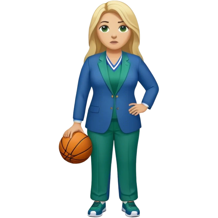 Full Body white plus size female basketball head coach with long blonde hair in a blue and green suit emoji