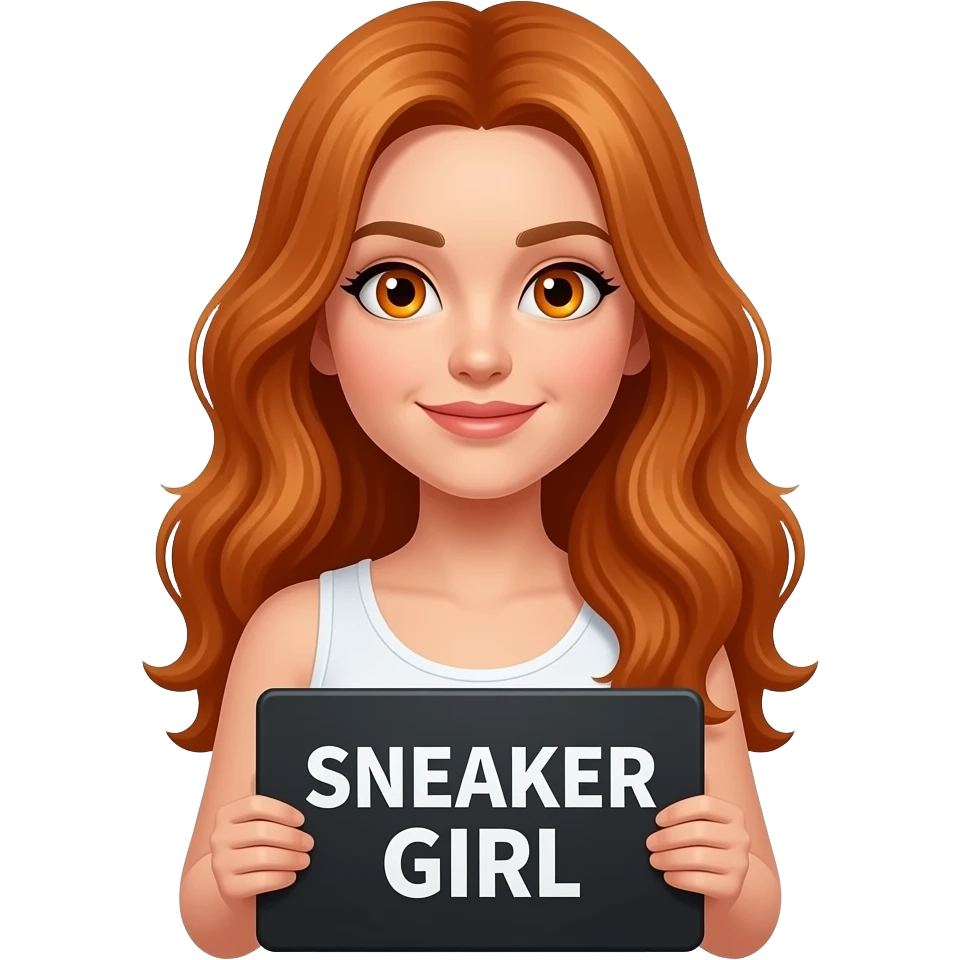 sexy girl with long wavy ginger hair and ginger eyes wearing a white tanktop is holding a black colored sign with SNEAKER GIRL written on it emoji