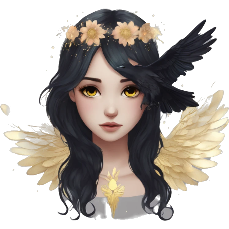 Black Raven wings bohemian Ethereal galaxy constellation girl angel raven wings black wings, gold arrow, nebula, flower crown emoji
