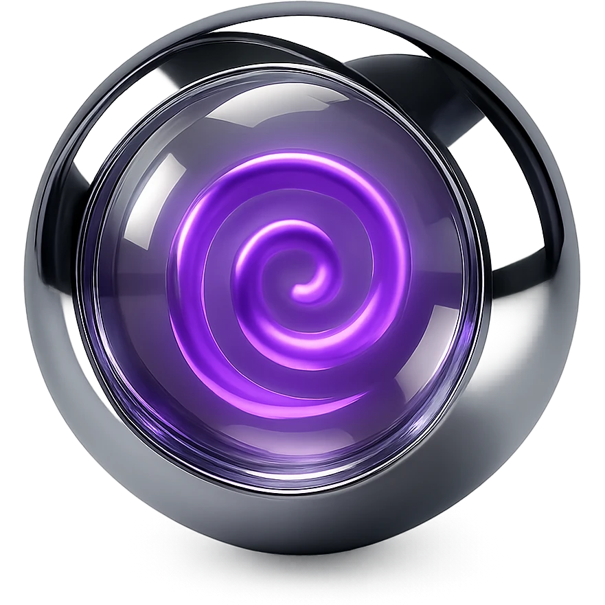 glass-like translucent sphere with a bright purple spiral core, softly glowing, in chrome style emoji