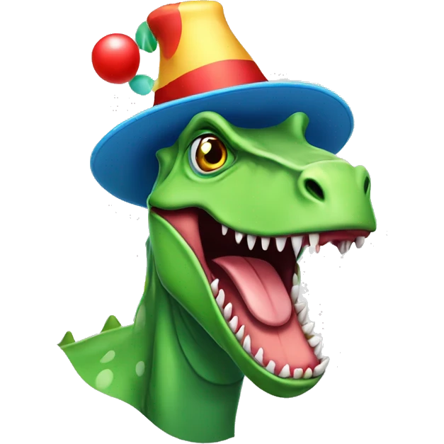 dinosuar with tongue out with clown hat emoji