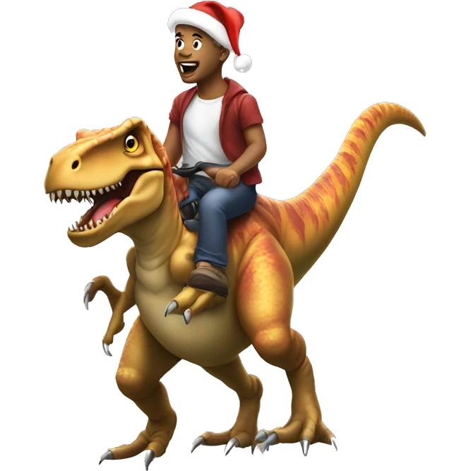 Me riding a T Rex with Santa hats on both emoji