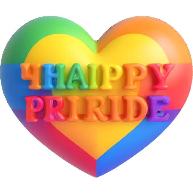 Add the text 'Happy Pride Month' below the 3D rainbow heart in a bold, colorful font that matches the Pride theme. Keep the background transparent. emoji