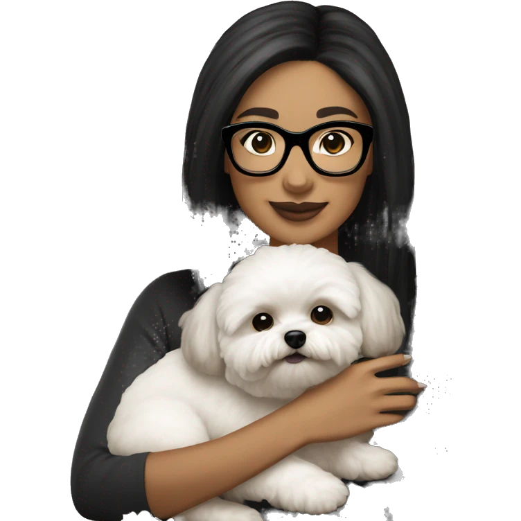 Tan skinned woman with black straight hair and black glasses holding white MaltiPoo dog emoji