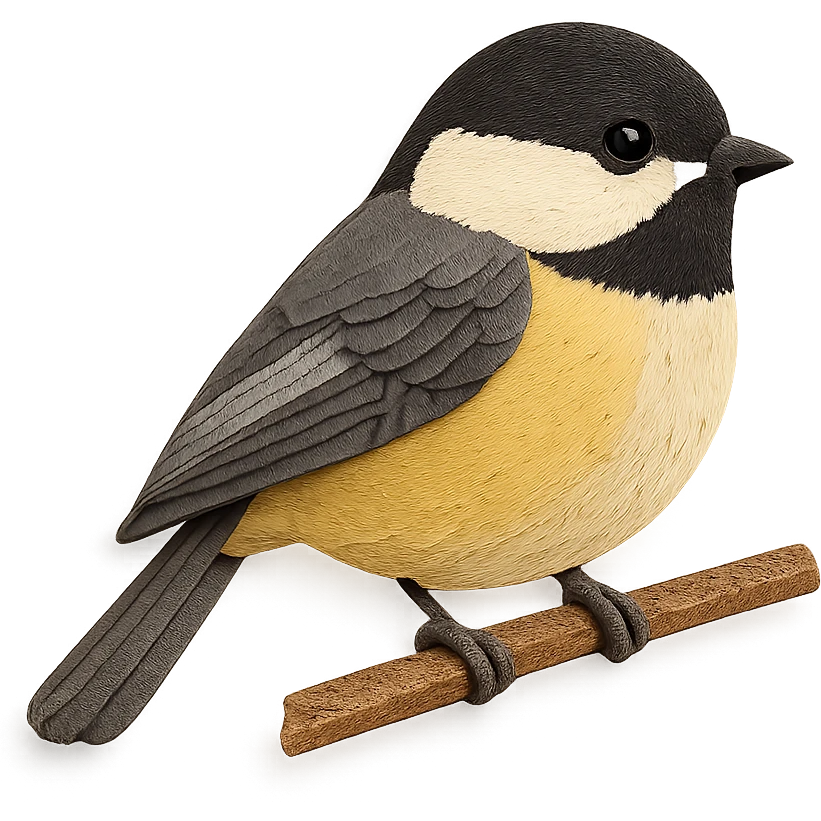 chickadee on a branch, layered paper details, realistic feather patterns, black cap and bib emoji