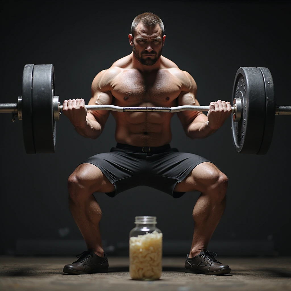 realistic muscular powerlifter performing deadlift in gym, looking at a bottle of AAS in front of him, indecisive expression, isolated on white background emoji