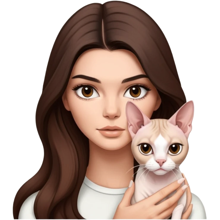 Kendall Jenner with long hair holding a white Sphynx Cat emoji