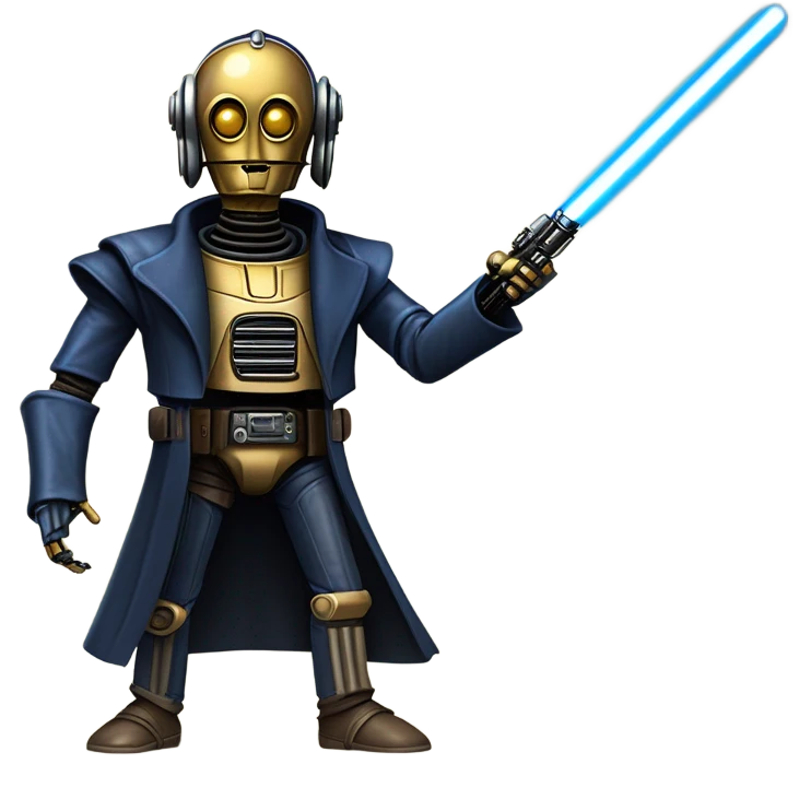 well-equipped jedi first order human-sized darkblue-pearl C3po as a friendly bounty hunter droid wearing a leather attire old west duster coat holding light saber ready to fight but relaxed. antiqued emoji