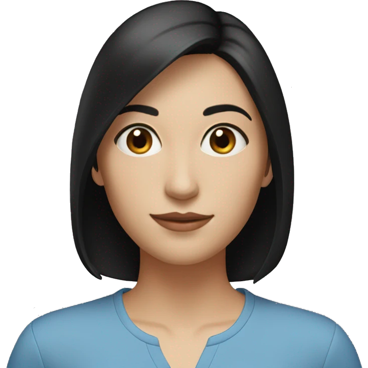 photo of brunette woman, straight, black hair, short to shoulder length, small brown eyes, round face, bic blue shirt, black pants. emoji