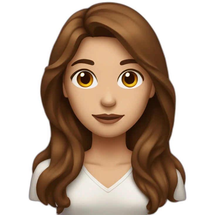 brown-haired woman with long hair, brown eyes, showing a heart emoji