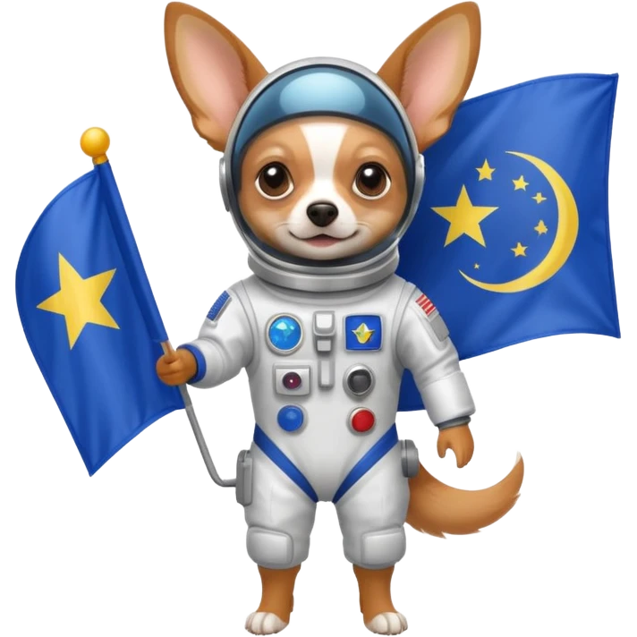 a chihuahua in space suit, holding blue rectangle flag, full body, front view emoji