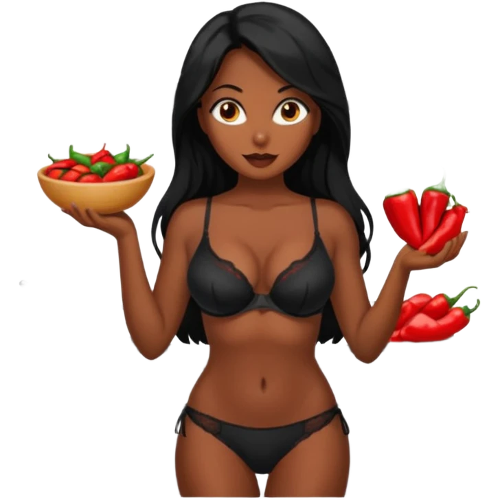 cooking, black long hair tanned woman, black bra and panties, spicy food, in kitchen emoji
