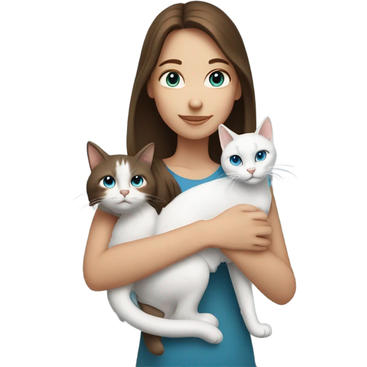 a girl with blue eyes and brown hair and a gray and white cat emoji