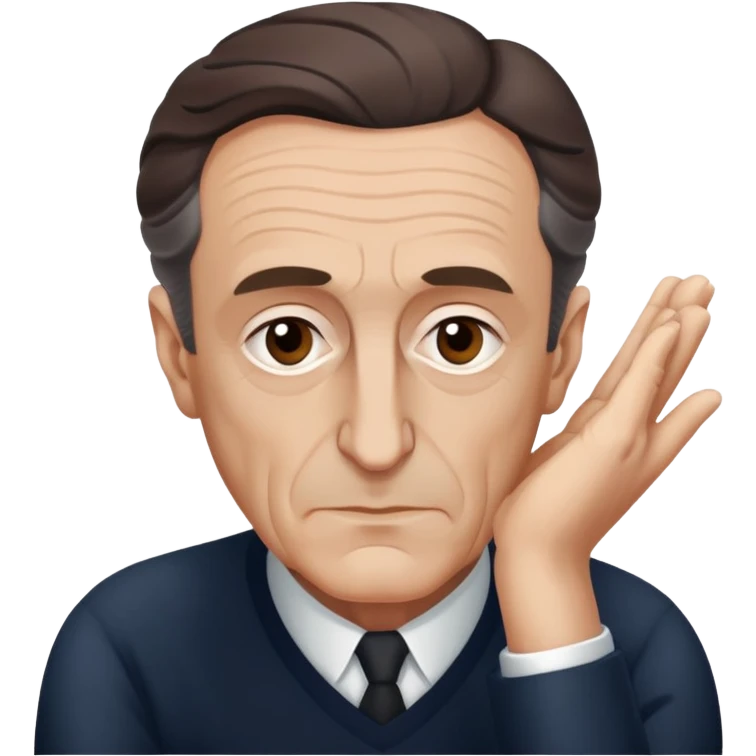 portrait of Maurice Merleau-Ponty without glasses, holding his hands in a thoughtful pose emoji
