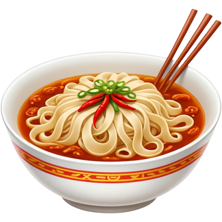 Xi'an Biangbiang noodles with extra wide belt shape and chili oil, simplified emoji style with bold outlines and bright colors, cartoon style Shaanxi specialty emoji