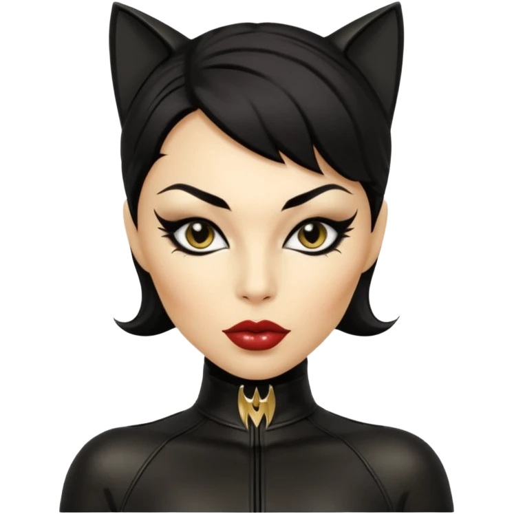 Cat woman goldish skin black eyes with black eyeliner dark hair big lips  emoji