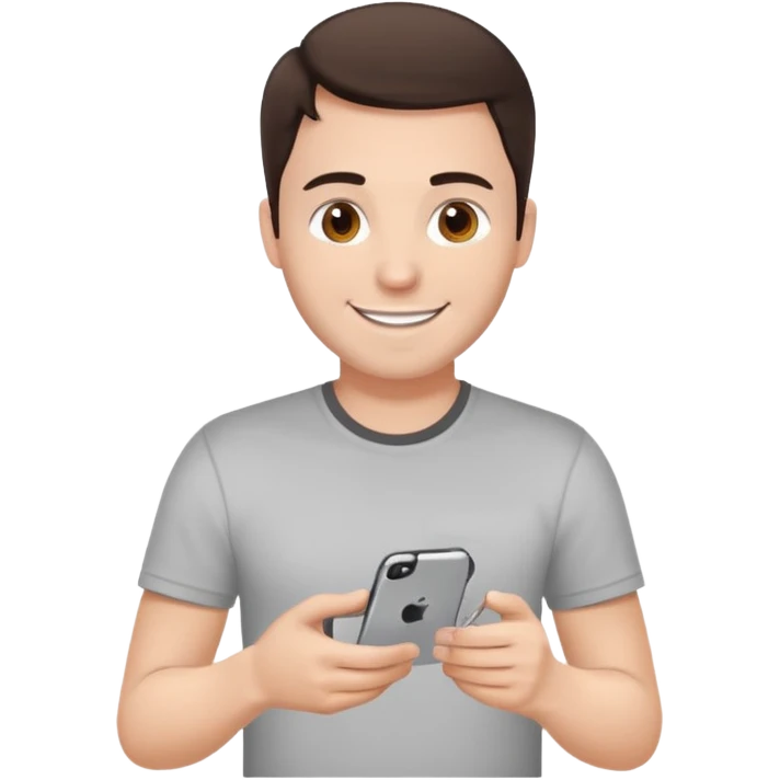 make a white guy with dark brown hair repairing an iphone happy, with a simple white o grey shirt emoji