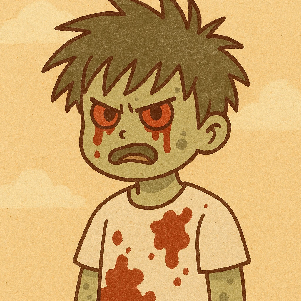boy zombie with pale whitish green skin, long spiky anime hair, angry expression, blood coming out of eyes, blood on white shirt, dramatic anime style emoji