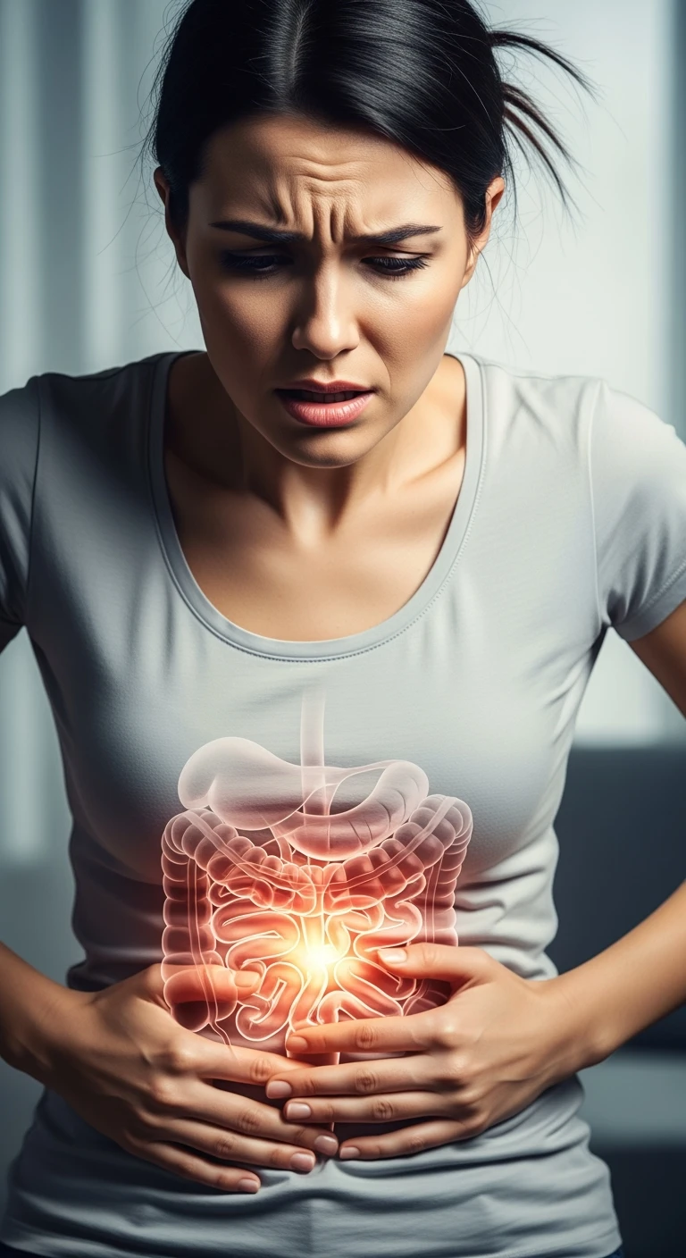 donna stressata con intestino umano anatomico in evidenza, iperrealistica 4k emoji