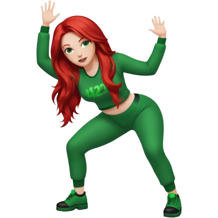 Thick white woman twerking with long red hair and green 420 outfit emoji