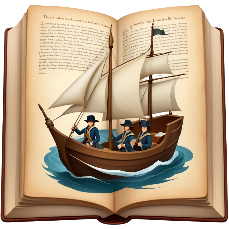 Icon for Reading Fiction: a large open book with pages turning, a sailboat sailing across the pages, Musketeers on horseback, Sherlock Holmes and other literary elements. The icon should evoke the adventurous spirit of storytelling. Transparent background. emoji