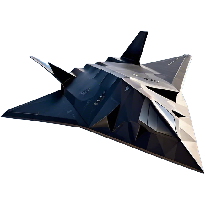 F-117 Nighthawk - Lockheed Martin (Stealth Grey) A futuristic stealth attack aircraft with a distinct faceted, angular design in a stealthy matte grey. Its sharp, jagged edges and unconventional, almost alien-like shape make it look like a shadow cutting through the night sky. The surface should appear non-reflective with subtle panel lines. emoji