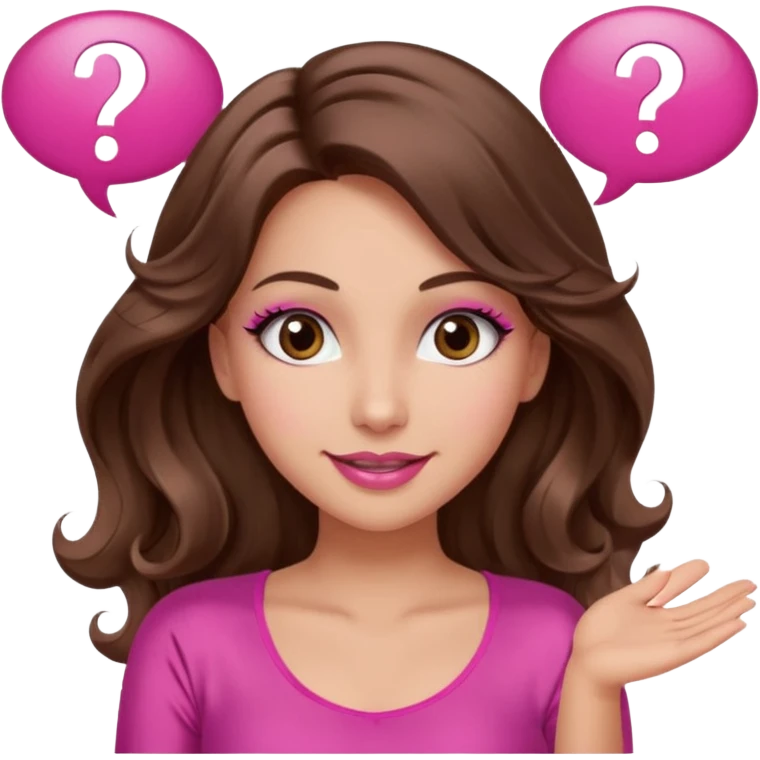 girl with long wavy brown hair, brown eyes, long lashes makeup, sexy pink lips, light to medium complexion, wearing a pink sexy top, shugging, smiling, question mark one speech bubble emoji