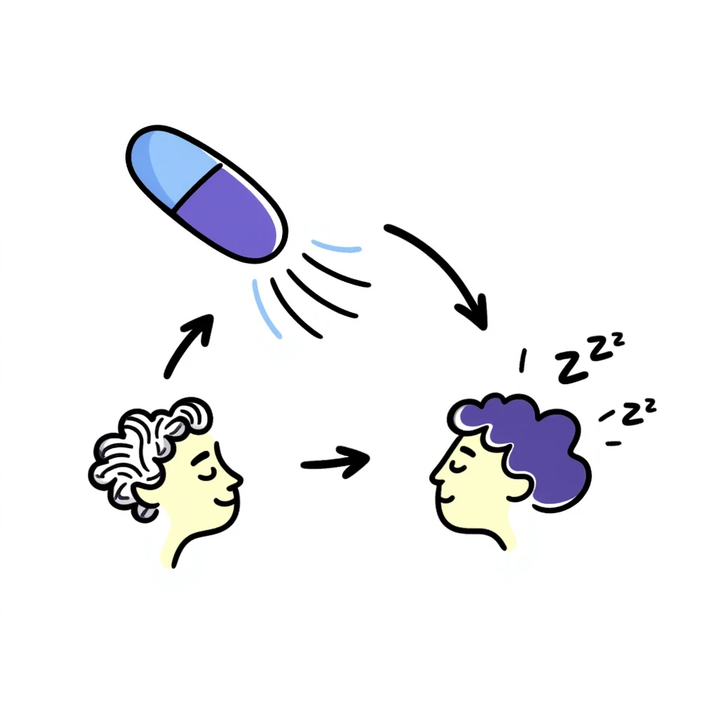 Hand-drawn sedative medication concept: blue pill releasing purple calming waves toward a yellow brain that's gradually turning dark blue (sleeping). Small ZZZ sleep icons floating above. Simple diagram with arrows showing sedative pathway from pill to sleep state. emoji