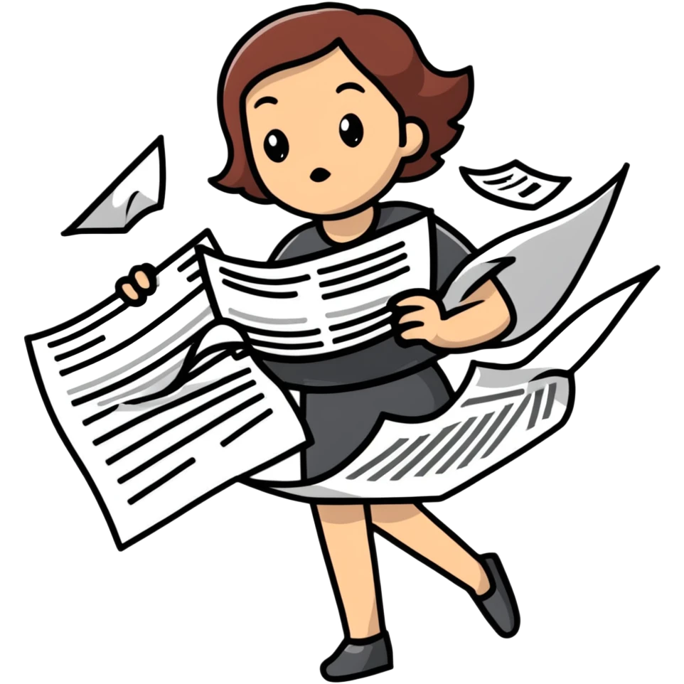 tired woman with flying papers around her emoji