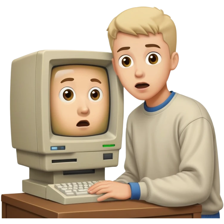 Young man with surprised expression looking at a very old, bulky desktop computer from the 1990s with CRT monitor emoji