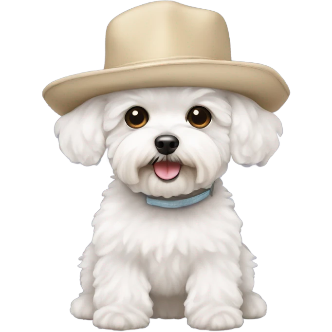White maltipoo wearing propeller hat emoji