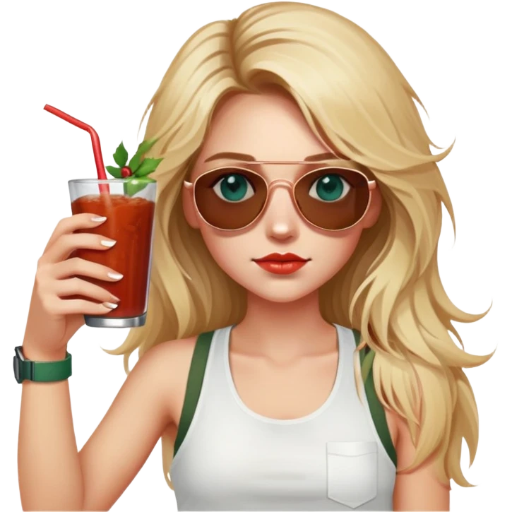 girl with long blond messy hair
with blue eyes
and aviator sunglasses
wearing white tank top 
holding bloody mary
wearing (rose gold apple watch with forest green band) emoji