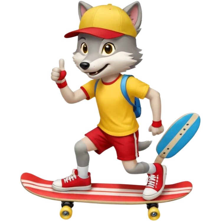 A gray wolf with large, expressive eyes and a friendly smile. The gray wolf is wearing a bright yellow T-shirt, red shorts, white knee socks, and sneakers. The baseball cap is worn backwards. The wolf holds a skateboard in one hand and gives a thumbs-up with the other, a confident and cheerful pose. emoji