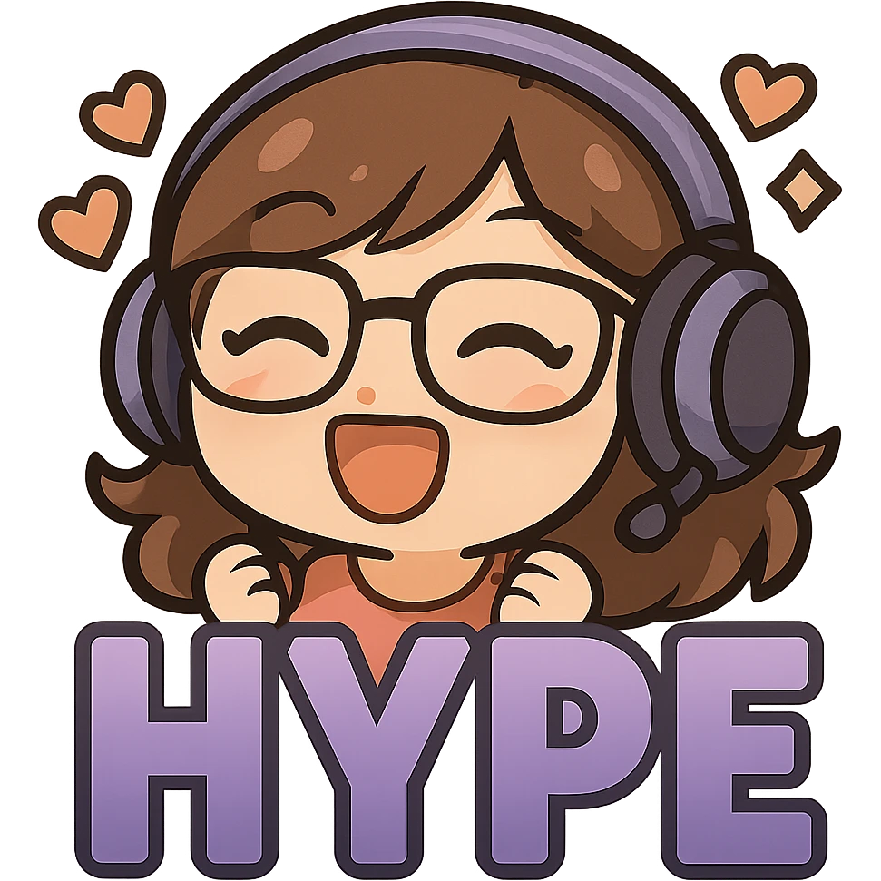Resize the image to 112 by 112 pixels, keeping all details sharp and clear. Maintain the chibi style with purple gradient HYPE letters, cute details, purple headset, and glasses. Transparent background. emoji