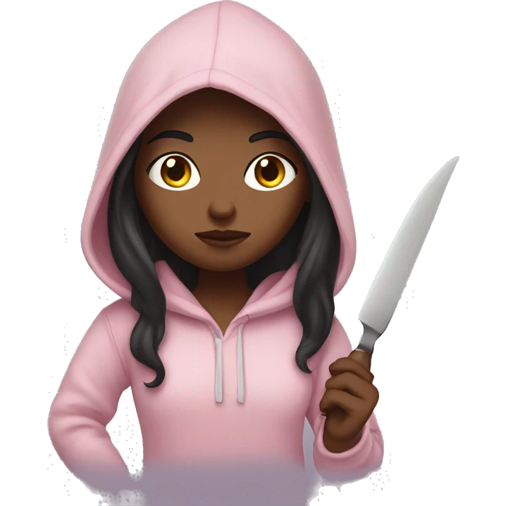 Girl with long dark hair in a light pink hoodie with a serious face holding a butter knife emoji