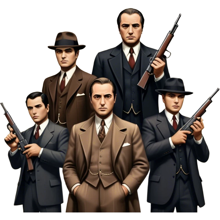 Vintage noir poster with Don Corleone surrounded by gangsters holding Thompson submachine guns. Background features New York skyscrapers, adding to the gritty, classic gangster film feel.  Dark and moody atmosphere with shadows, suits, and a mysterious vibe. Transparent background. emoji