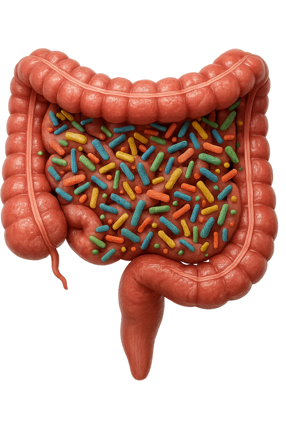 INTESTINO UMANO ANATOMICO CON BATTERI INTESTINALI, iperrealistica 4k emoji