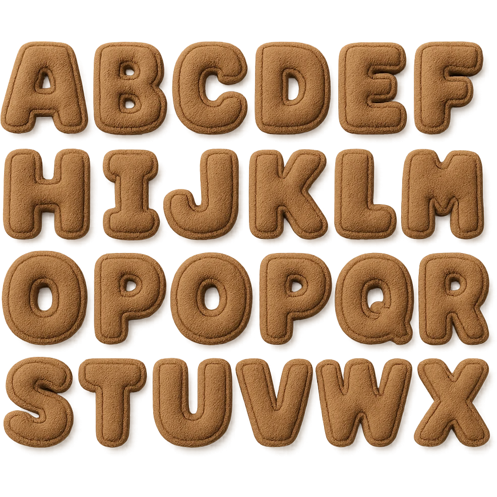 brown plush English alphabet, letters as plush blocks, soft texture emoji
