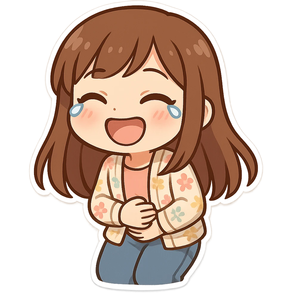 chibi sticker of a girl with brown straight hair and brown eyes, wearing a pastel floral cardigan and jeans, laughing to tears, holding her stomach, white outline, transparent background, 512x512px emoji