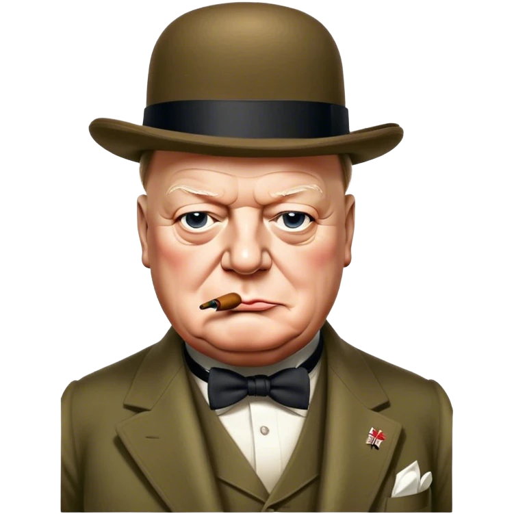 Cinematic Realistic Winston Churchill Portrait Emoji, depicted as a resolute British statesman with a signature bowler hat and a cigar, exuding determined leadership and wartime valor, rendered with lifelike textures and dramatic vintage lighting that captures his iconic British spirit. emoji