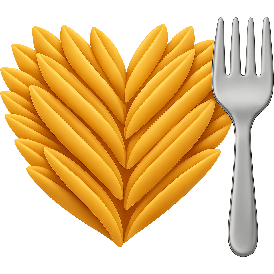 Add a silver fork next to the heart made of penne pasta in the style of emoji. Keep the emoji style look and no background. emoji