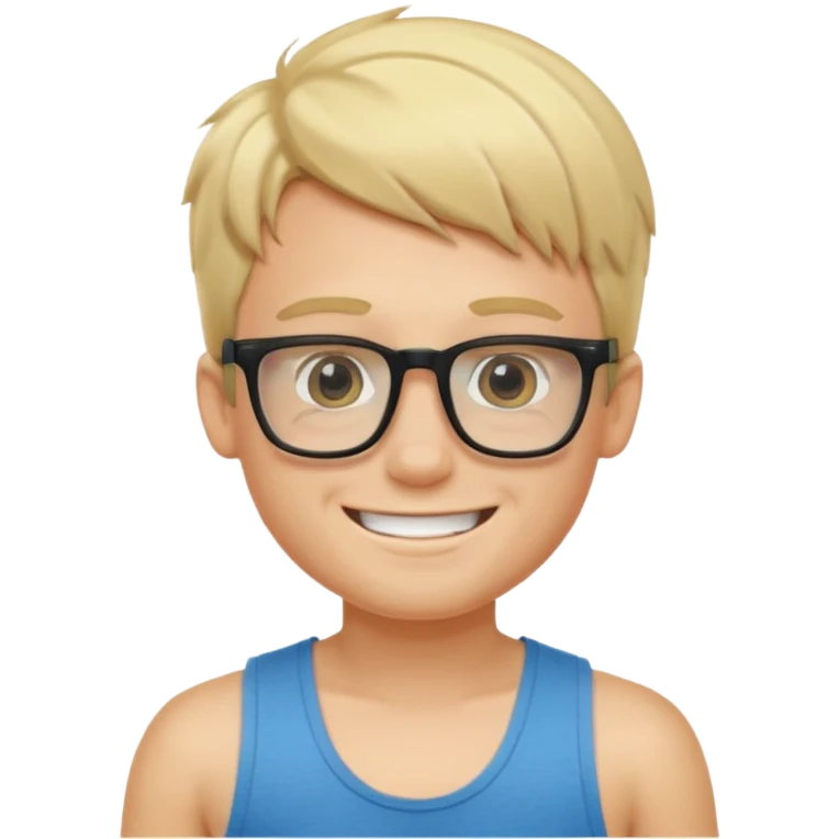 portrait of boy, wearing a tank top, square glasses, grinning face, blond hair emoji