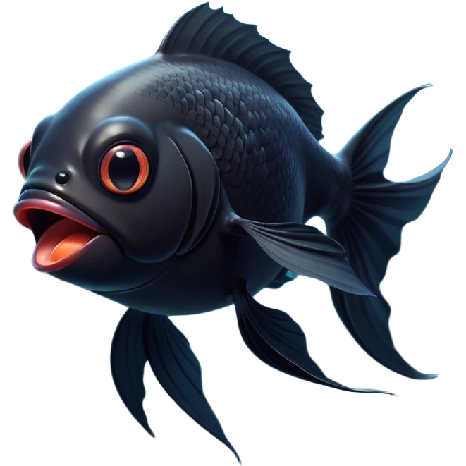 Cinematic Cute Yawning Black Goldfish Portrait Emoji, Head tilted slightly with a dramatic, wide-open yawn, showcasing a smooth, deep black body with elegant, flowing fins, eyes barely open in drowsy contentment, Simplified yet irresistibly adorable features, highly detailed, glowing with a soft, cozy glow, high shine, relaxed yet expressive, stylized with a touch of whimsy, bright and endearing, soft glowing outline, capturing the essence of a sleepy yet affectionate goldfish, so drowsy it feels like it could float out of the screen and curl up for a nap! emoji