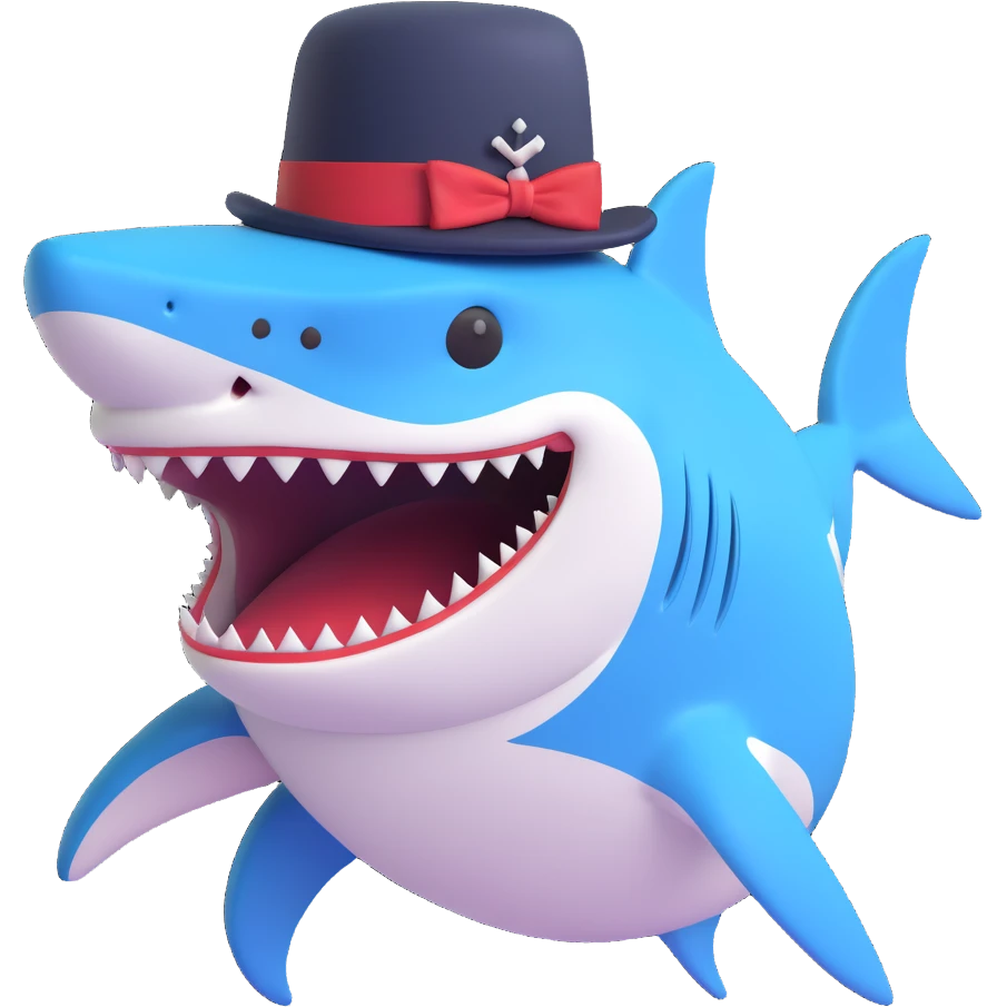 playful and charming shark wearing a top hat emoji