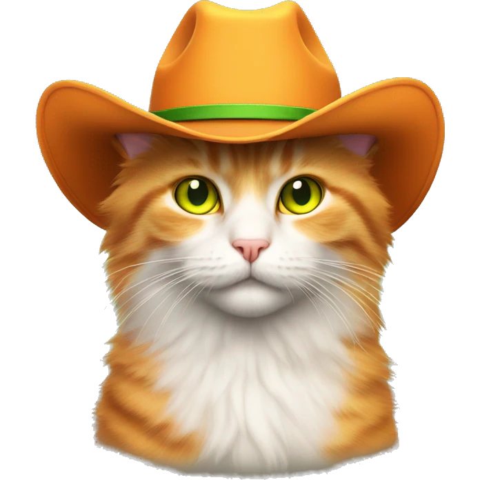 Orange fluffy cat with yellow green eyes wearing cowboy hat emoji