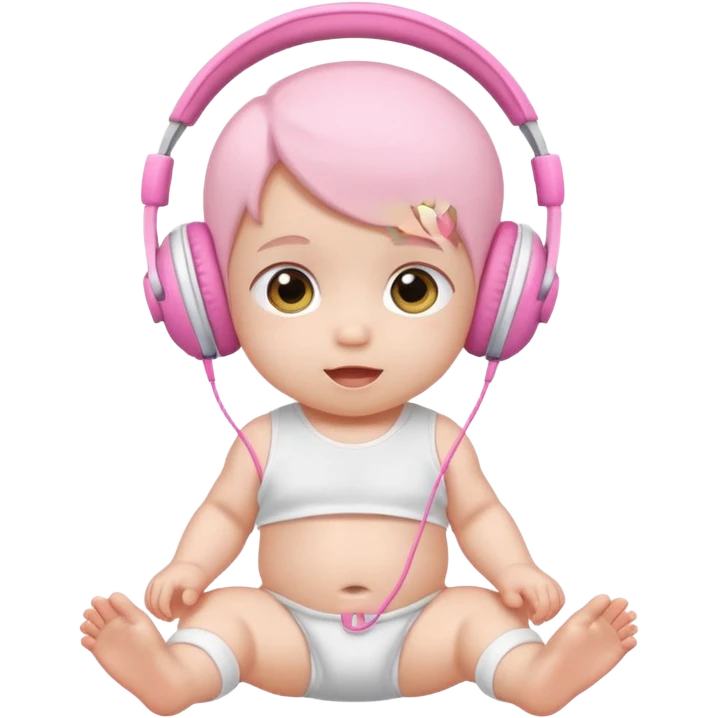 a cute baby in a white diaper and pink headphones emoji